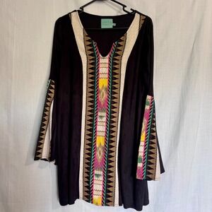 Judith March Black Embroidered Bell Sleeve Tunic Dress Size Small 80s retro